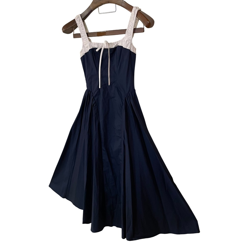 Moon River Blue White Smocked Fit Flare Midi Dress Cotton Milkmaid Cottage XS - Picture 10 of 16